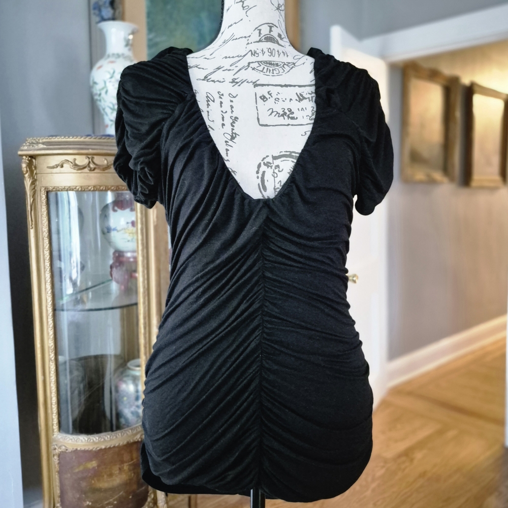 H&M Black Ruched V-Neck Short Puff Sleeve Top